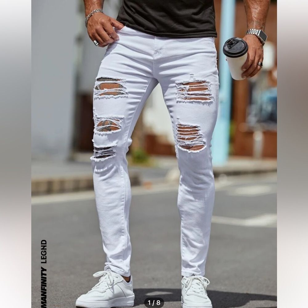 SHEINManfinity LEGND Men Cotton Ripped Solid Skinny Jeans